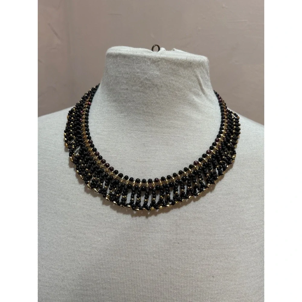 Gold Tone Purple and Blue Beaded Statement Collar Necklace Vintage Style 17 Inch